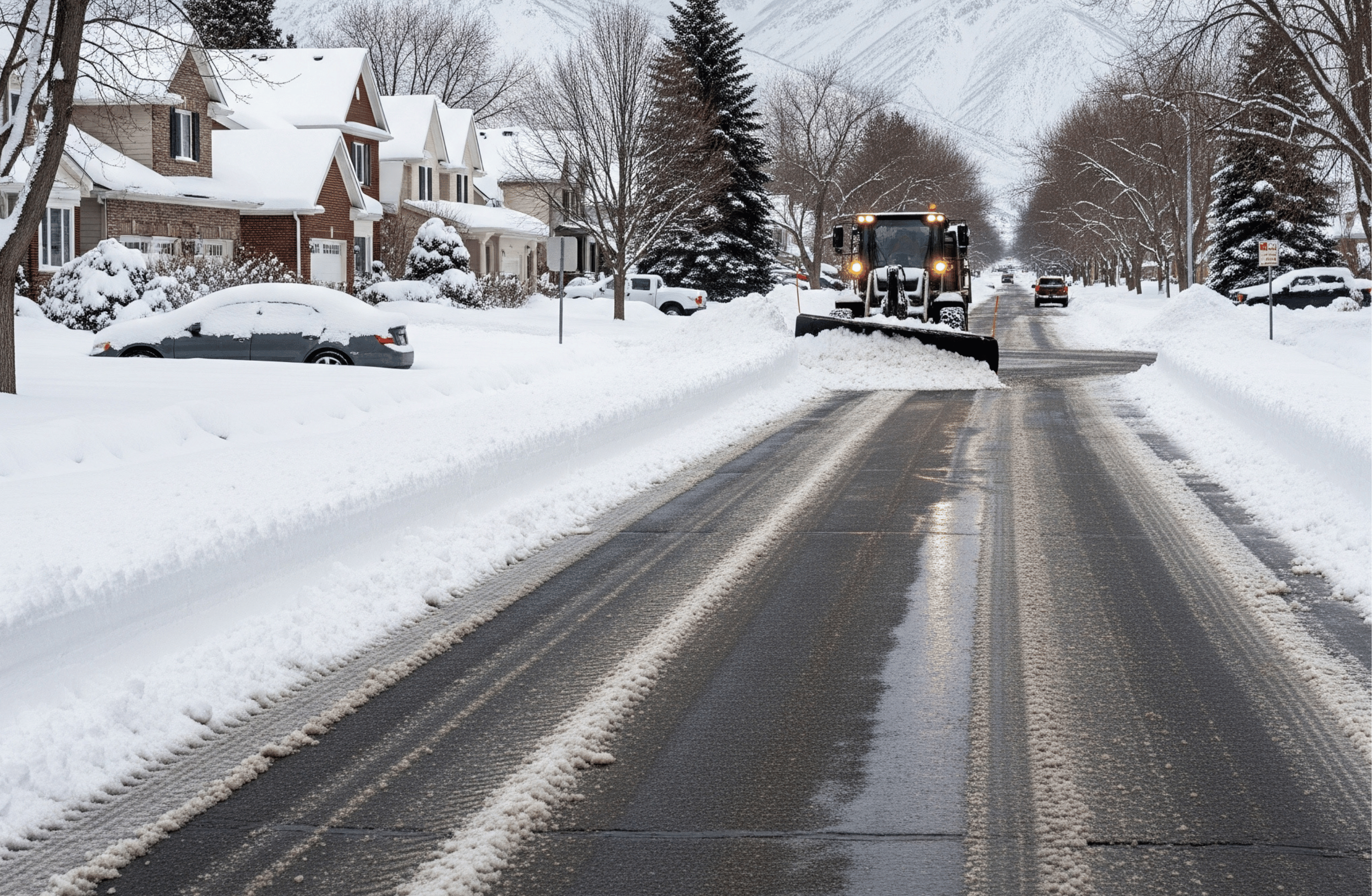 Activescapes snow plow clearing residential streets in Centerville UT to keep homes accessible during winter storms.
