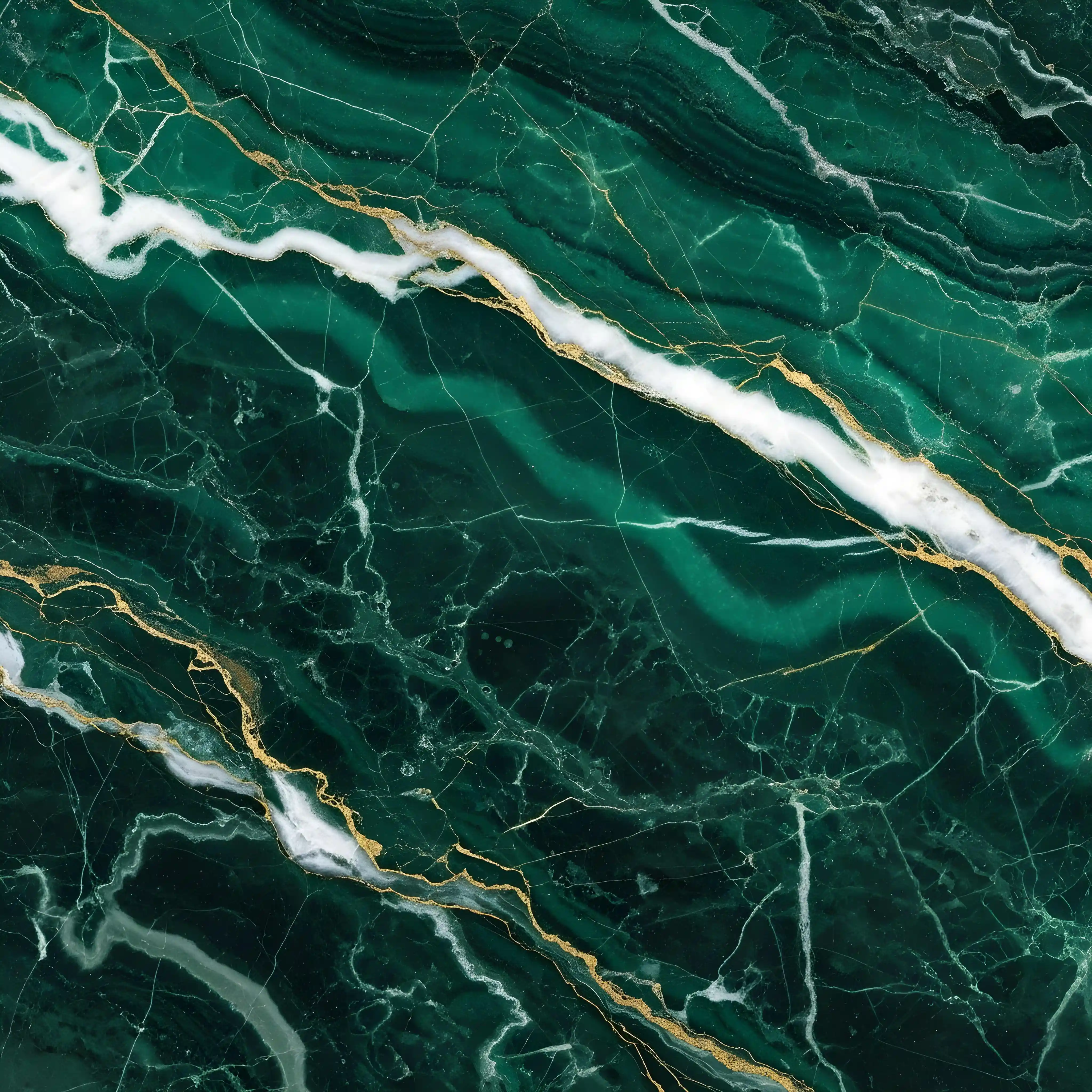 Close-up of emerald green marble with white and gold veining patterns.