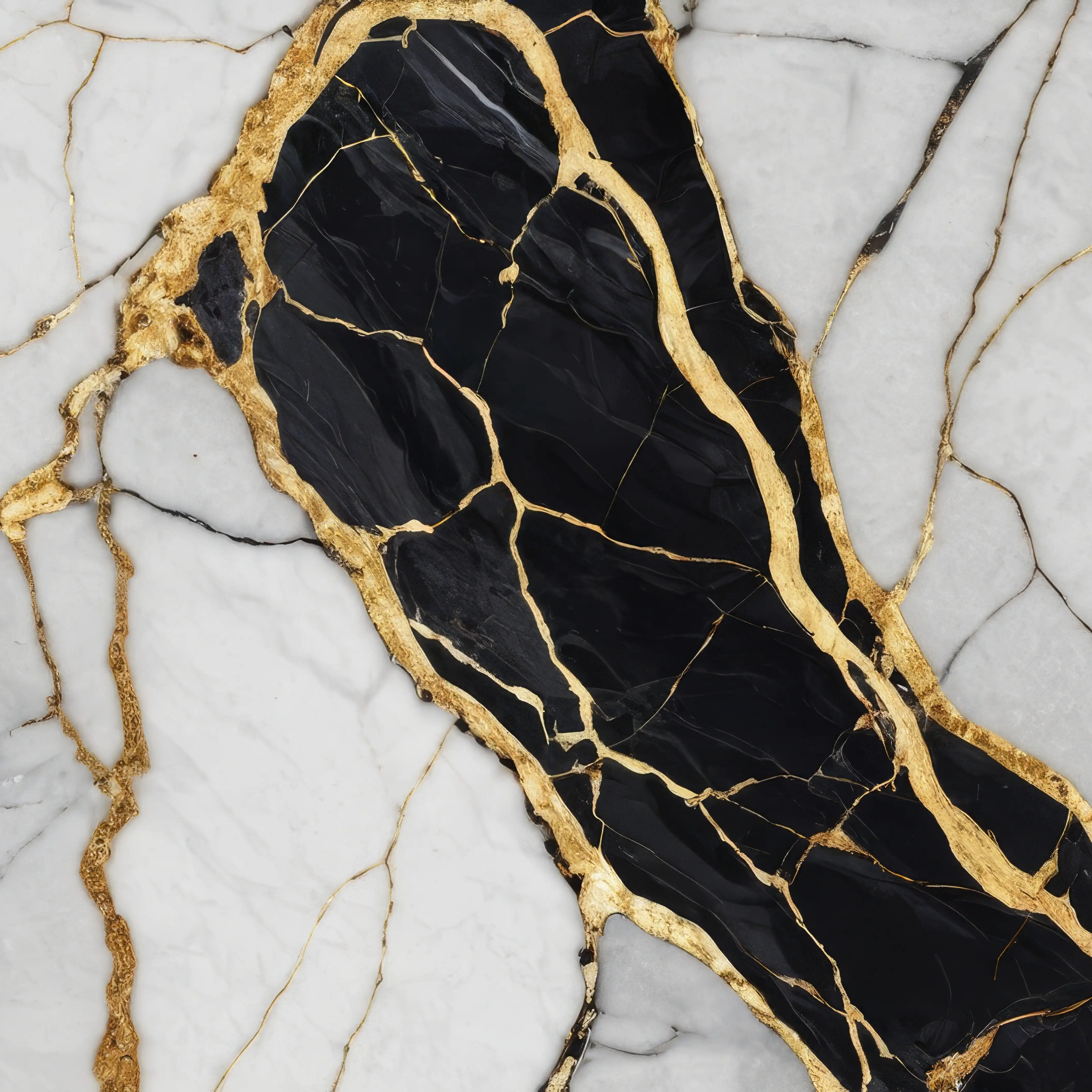 White marble surface with large black sections framed by gold veins and gold streaks.