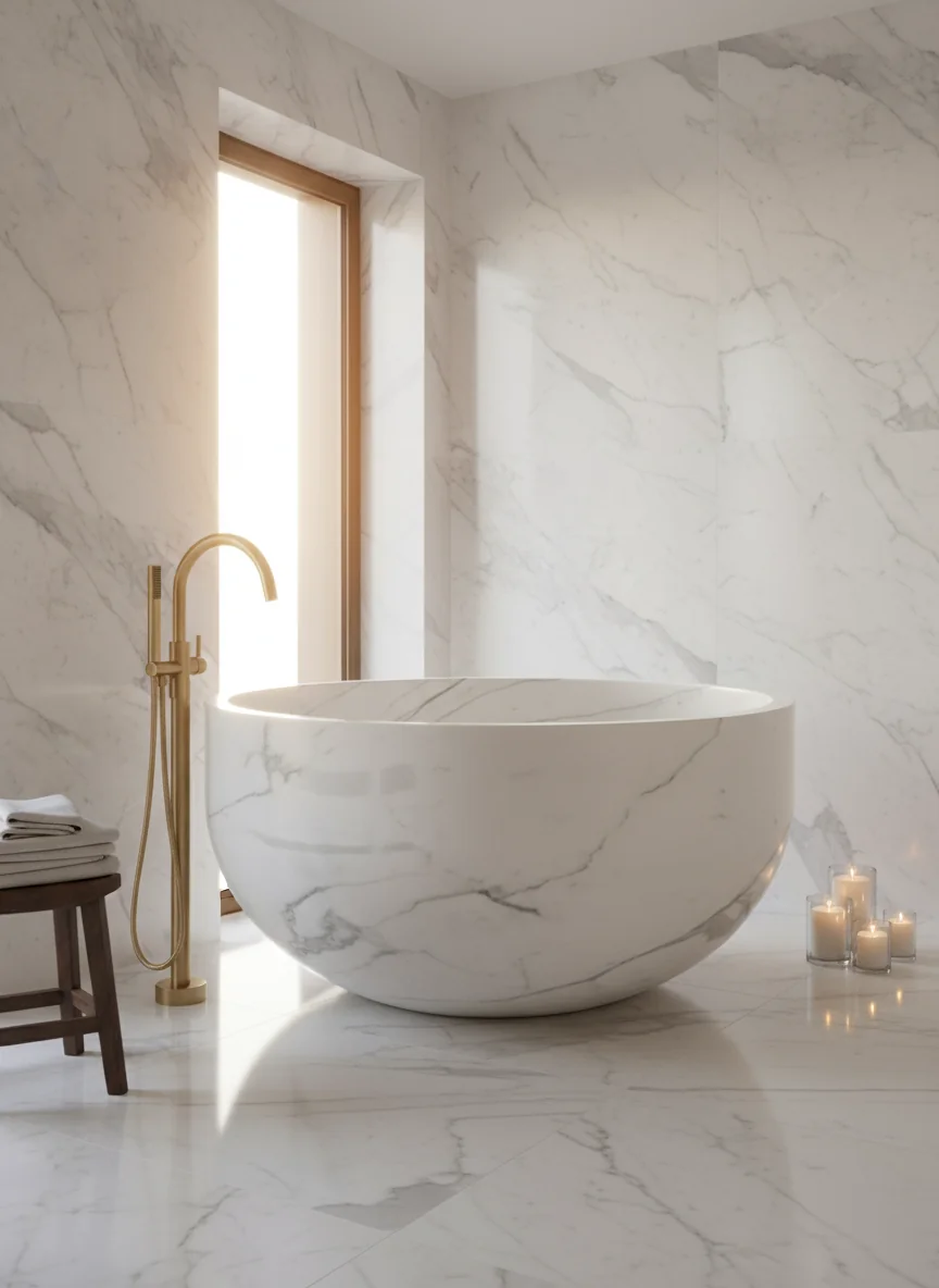 Round white marble bathtub with gold faucet, wooden stool with towels, and lit candles in a marble bathroom.