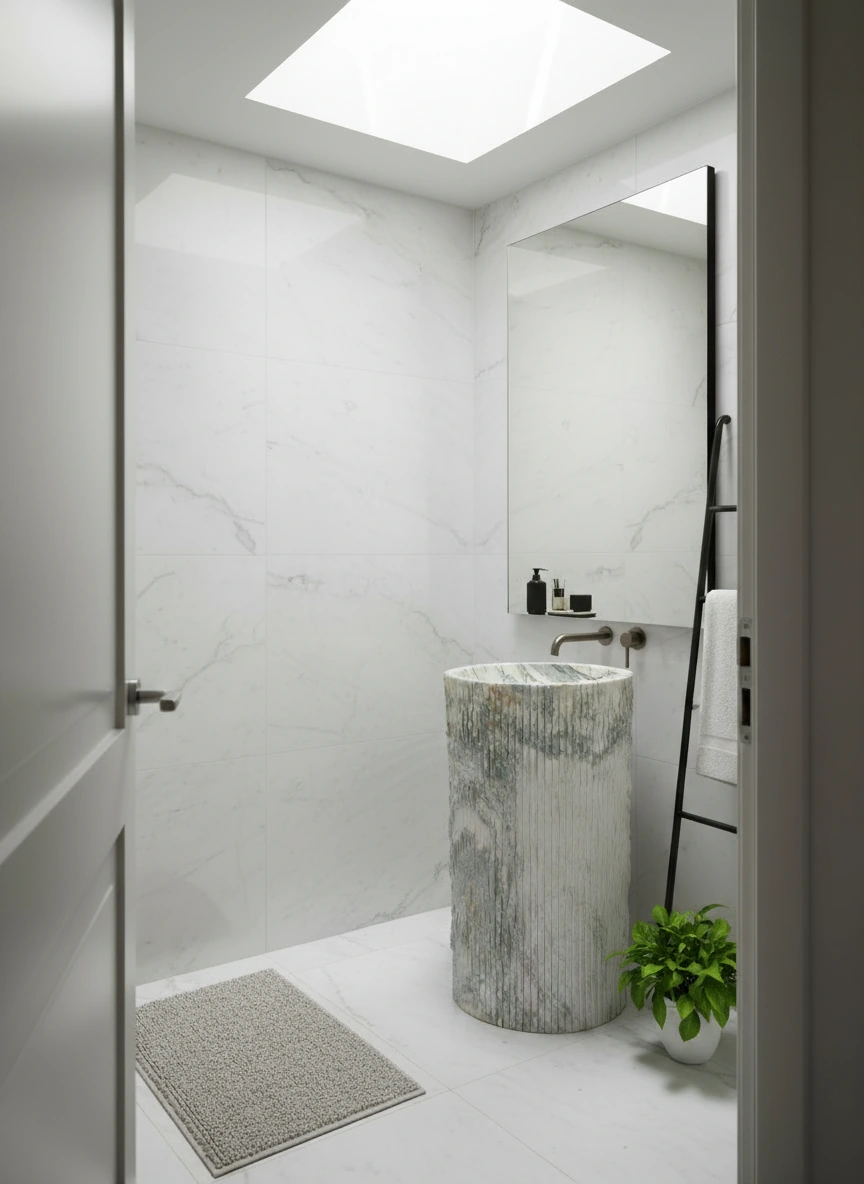 Modern minimalist bathroom with a cylindrical marble pedestal sink, large mirror, black towel ladder, gray bath mat, skylight, and a small green potted plant.