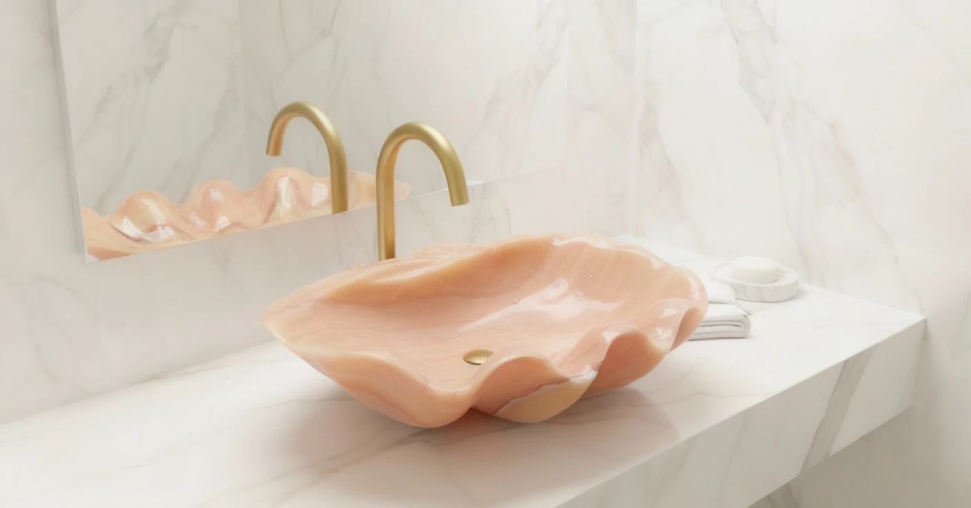 Pink shell-shaped bathroom sink with gold faucet on white marble countertop against marble wall.