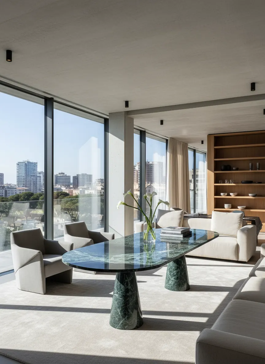 Modern living room with large green marble table, beige armchairs and sofas, tall windows showing city skyline.