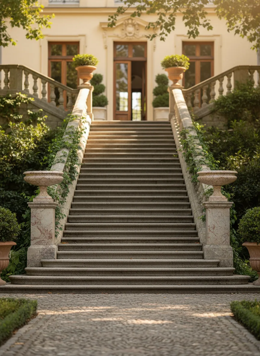 Wide stone staircase with vine-covered railings leading to a building with wooden doors and potted plants.