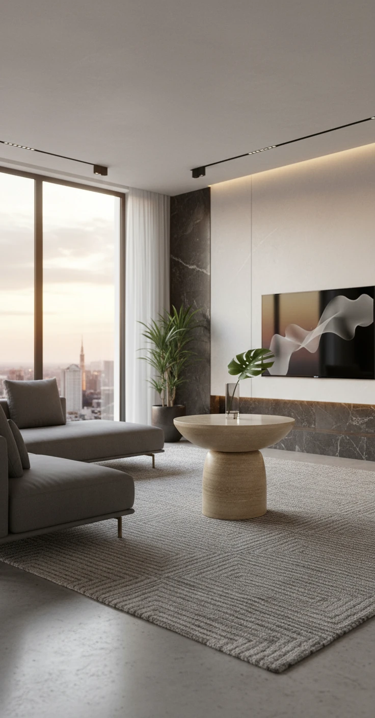 Modern living room with large window overlooking city skyline, gray sectional sofa, round stone coffee table with a single green leaf, and a mounted flat-screen TV.