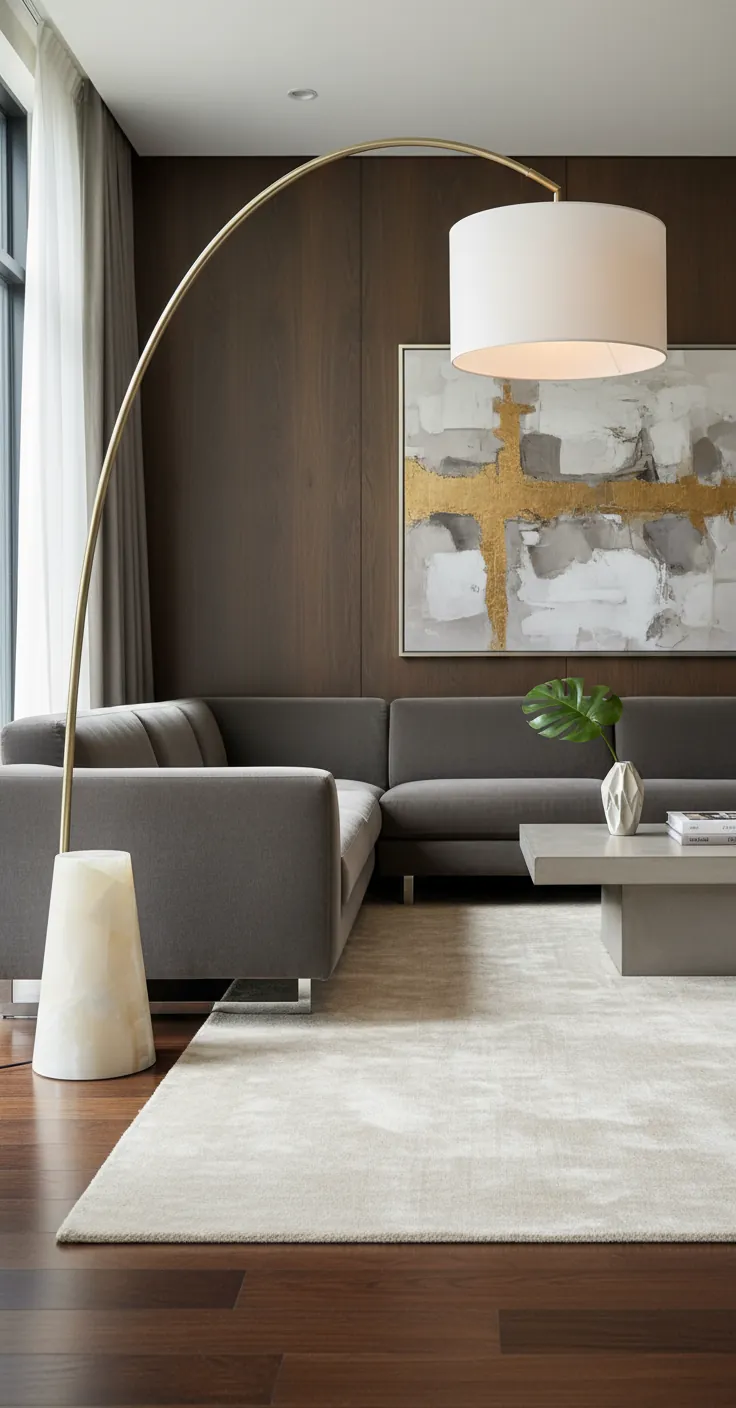 Modern living room with a gray sectional sofa, white area rug, abstract gold and gray wall art, and a tall arc floor lamp with a white shade.