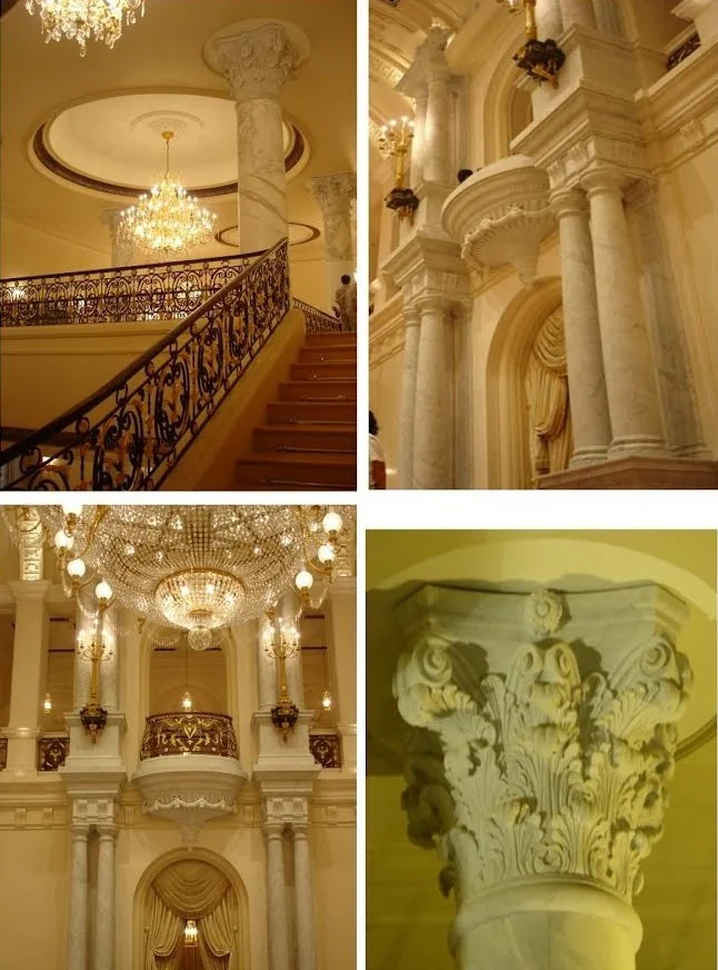 Collage of luxurious interior details featuring ornate staircase with wrought iron railing, grand marble columns with Corinthian capitals, elaborate chandeliers, and detailed stone carvings.