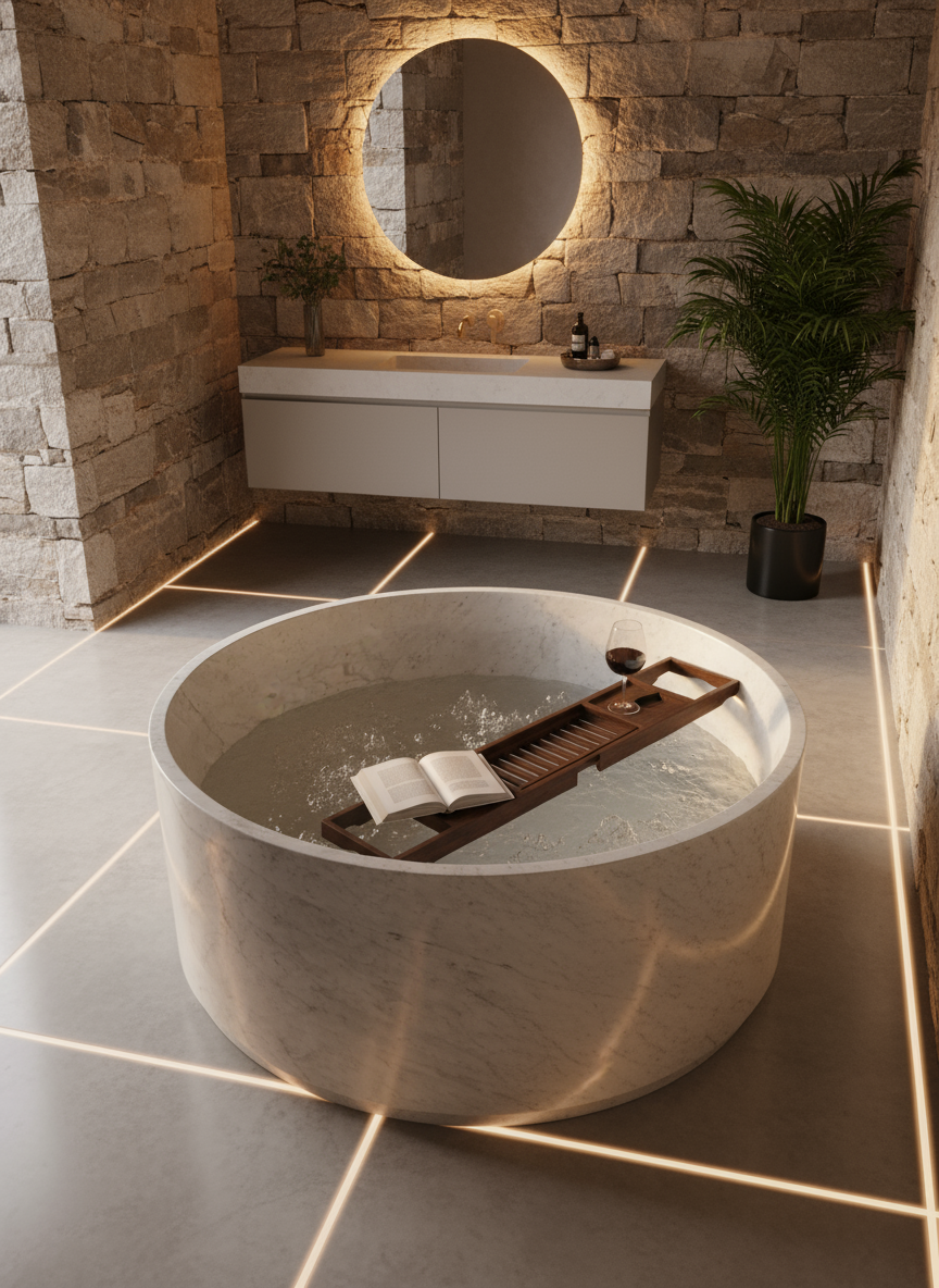 Modern bathroom with a round marble bathtub filled with water, a wooden bath tray holding an open book and a wine glass, a floating vanity with a round illuminated mirror, stone walls, and a potted plant in the corner.