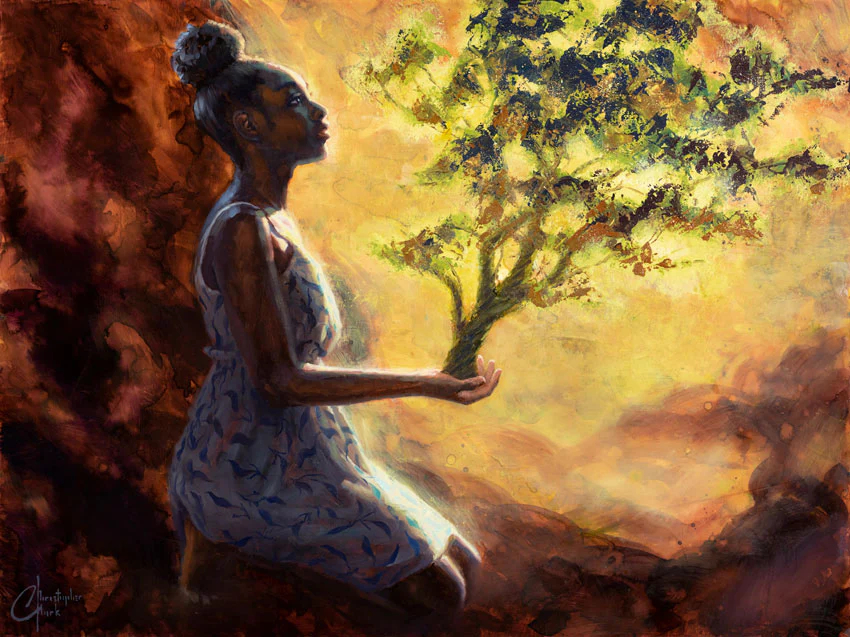 A painting of a girl holding a tree