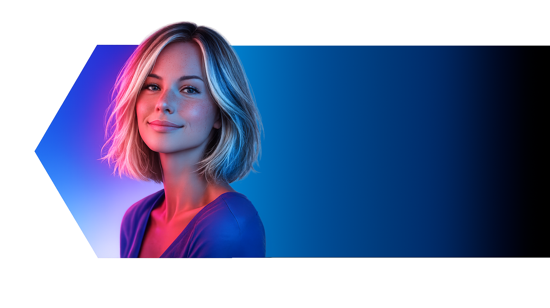 Stylized portrait of a woman with blue and pink lighting on a gradient background