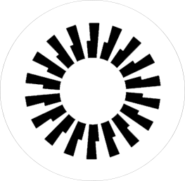  Abstract circular design with evenly spaced black rectangular shapes radiating outward on a gray background.