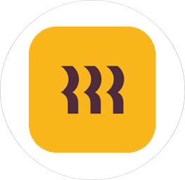 Logo with three stylized dark brown capital letter R's on a rounded yellow square background.