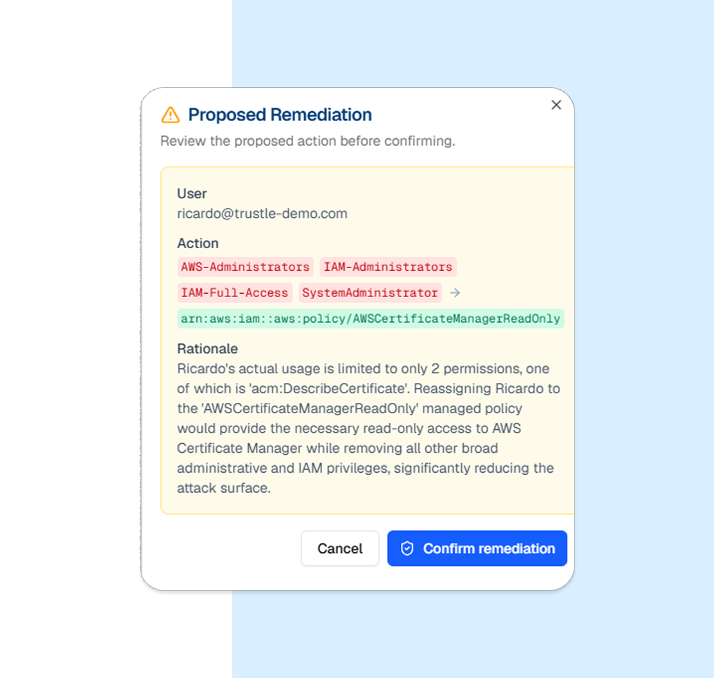 AWS IAM remediation modal removing admin roles and assigning AWSCertificateManagerReadOnly policy to user