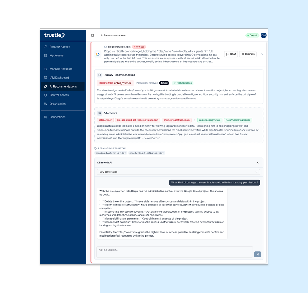 Trustle AI recommendations dashboard identifying excessive Google Cloud IAM permissions and least privilege remediation