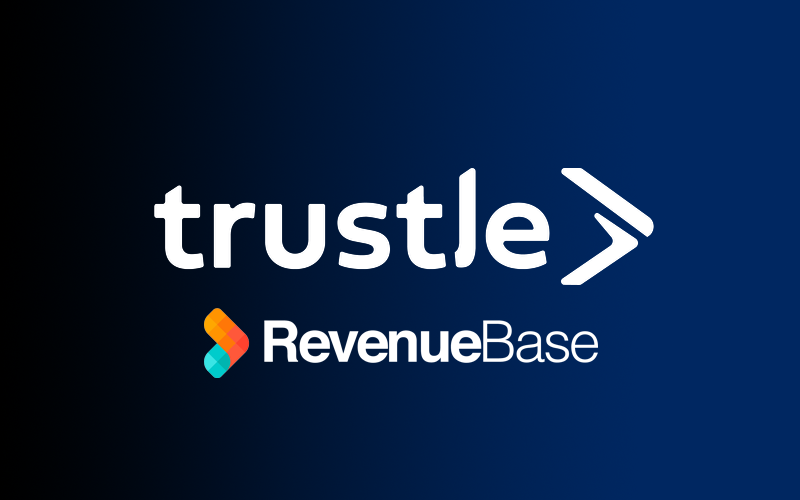 Trustle logo with white RevenueBase logo on dark blue gradient background