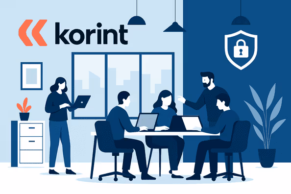 Badge de certification ISO 27001 de Korint affiché avec une icône de bouclier, symbolisant une plateforme SaaS d’assurance sécurisée
