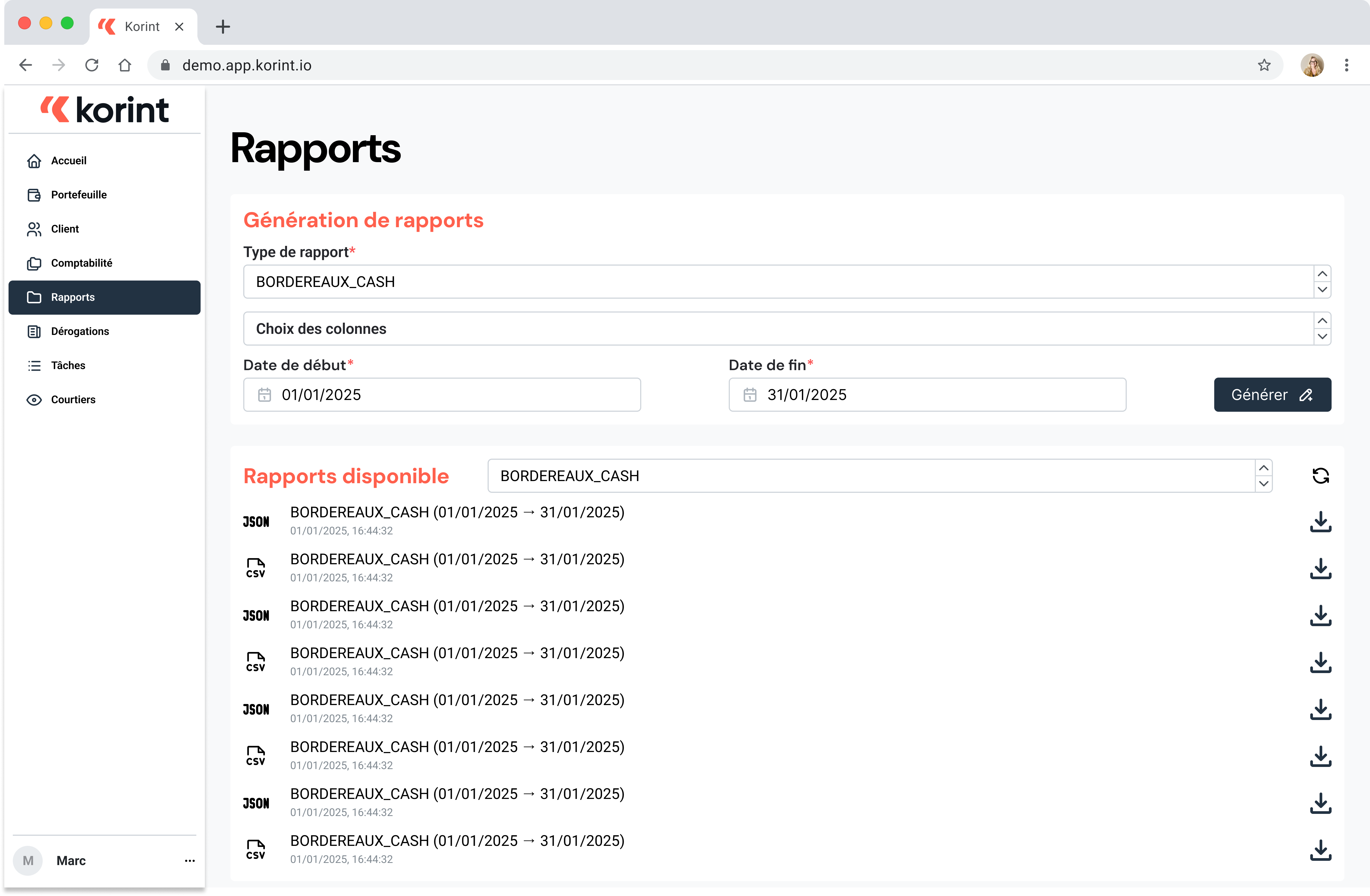 Korint modular tools: scalable interfaces, product extension, dashboards, reporting, data export.