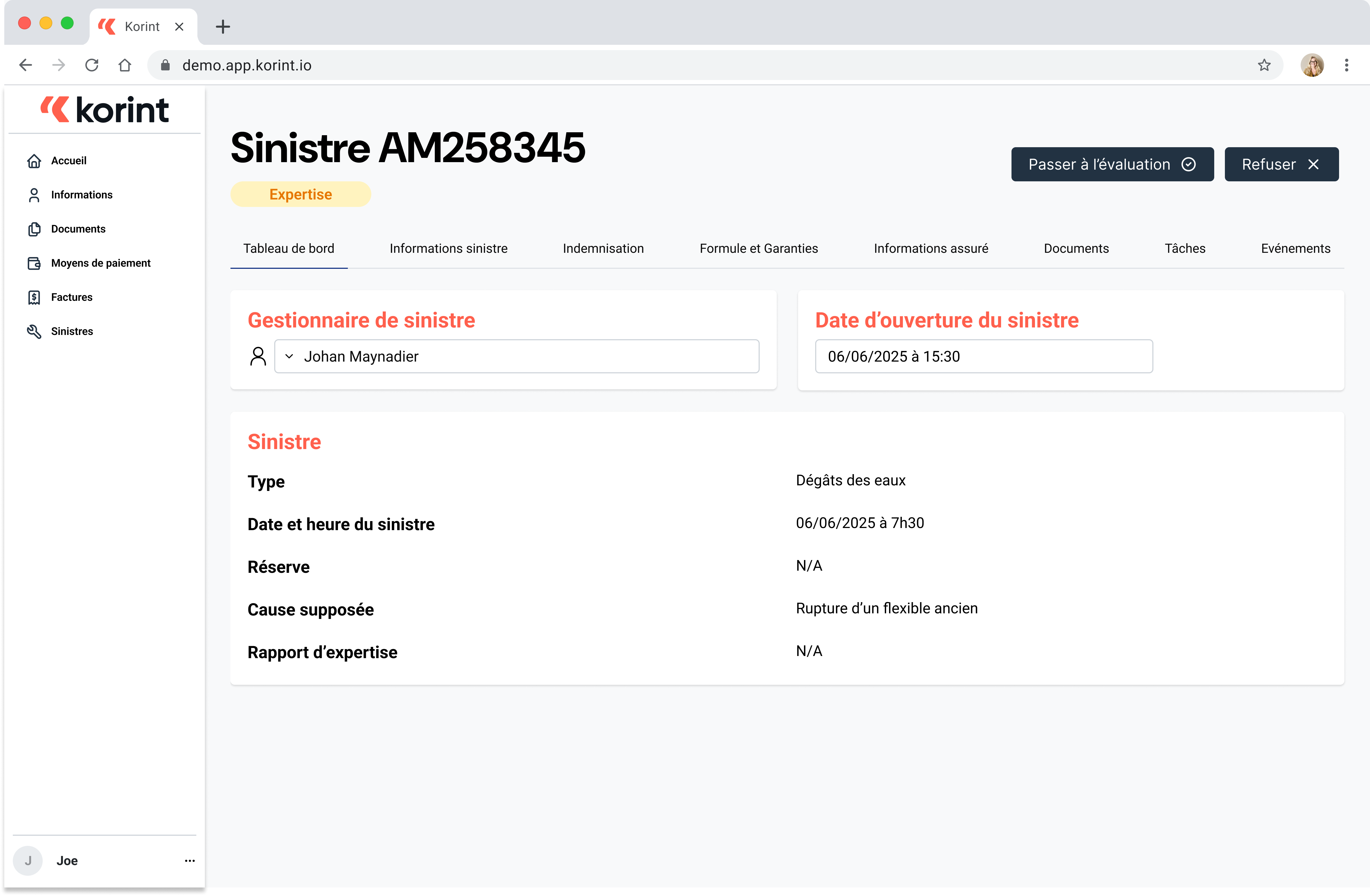 Korint claims management: intuitive interface, API data exchange, built-in dashboards.