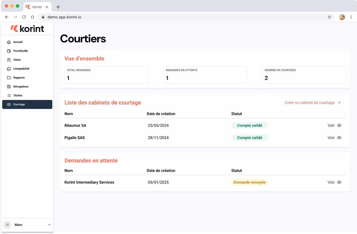 Extranet courtier Korint : gestion des contrats et sinistres, devis, droits courtiers, commissions