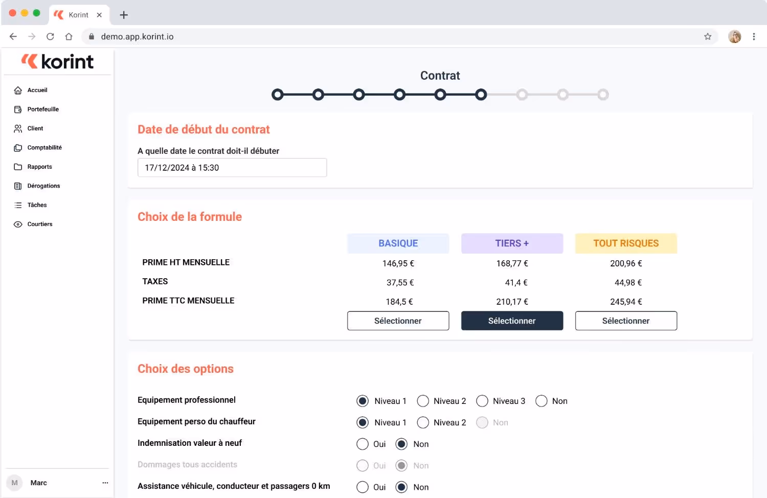 Moteur de tarification Korint : parcours UX, règles métiers, tarification, droits, enrichissement des données