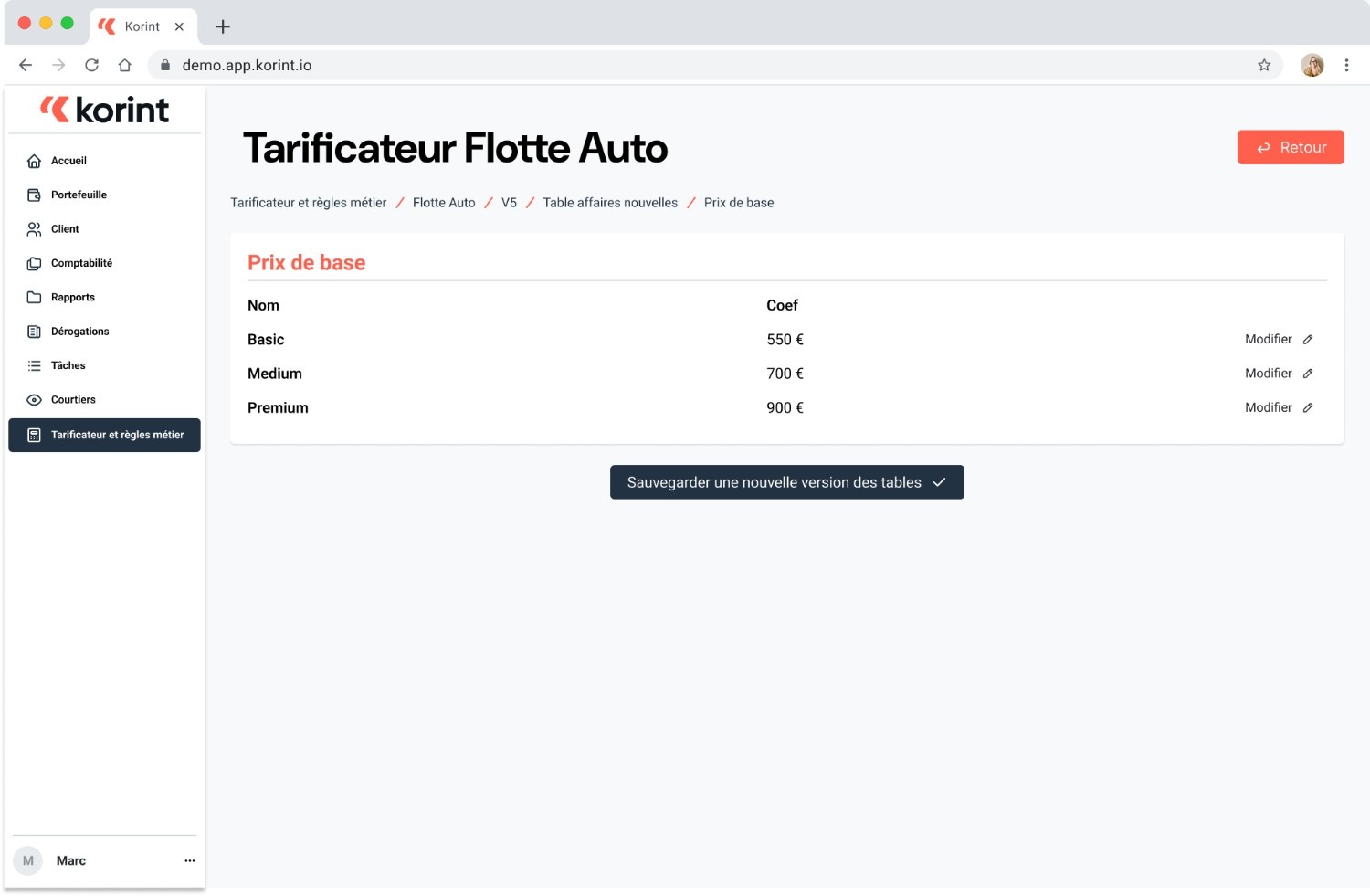 Korint underwriter interface: rate changes, rule management, volume tracking, reporting access