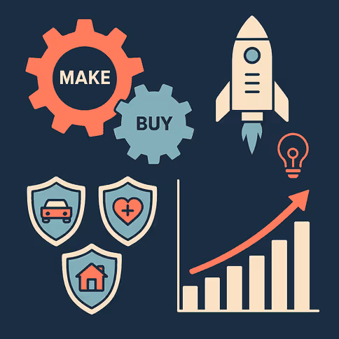 Illustration du lancement industriel de produits en assurance, avec une équipe qui déploie rapidement de nouveaux produits grâce à une plateforme SaaS.