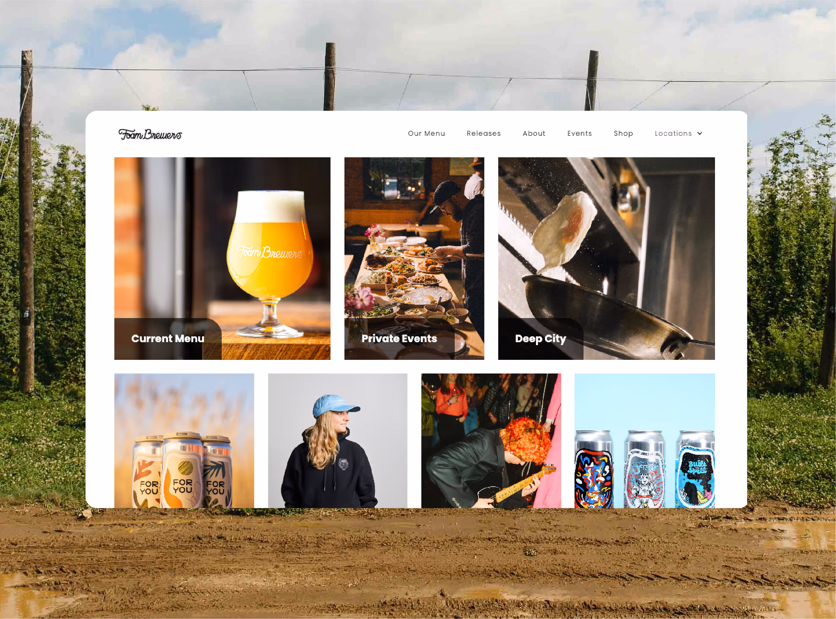 Webflow CMS website for Foam Brewers featuring 20+ custom collections for beers, events, merch, and food vendors, with real-time updates for releases and live music.