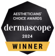 A black and yellow award badge with the words dermascope winner