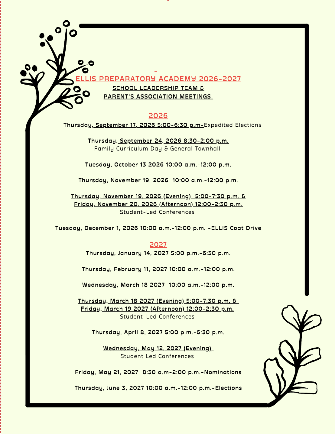 Ellis Preparatory Academy 2026-2027 meetings schedule