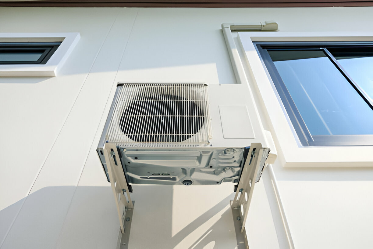 Exterior view of an air conditioning unit mounted on a white wall between two windows.