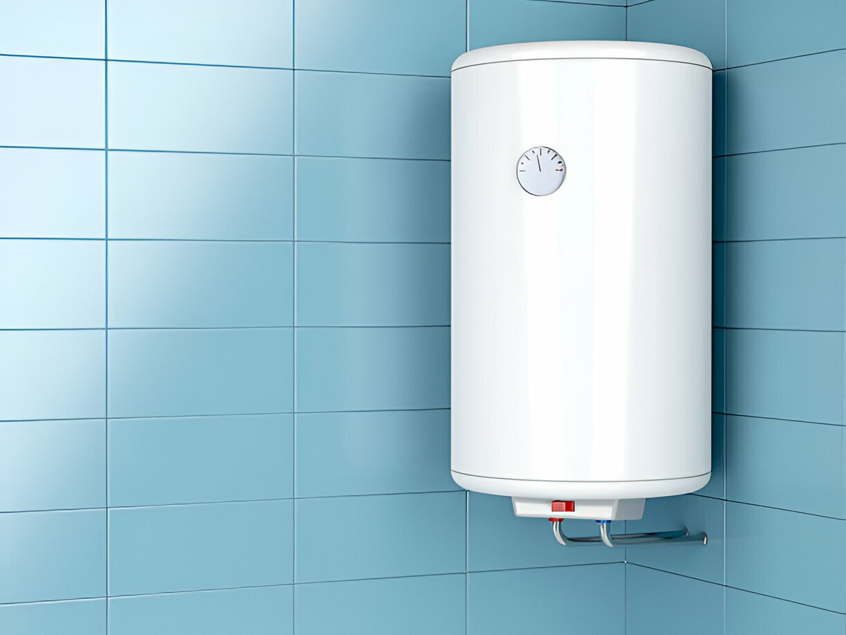 Water heater mounted on blue tiled wall, representing water heater replacement services in Castle Rock, CO.