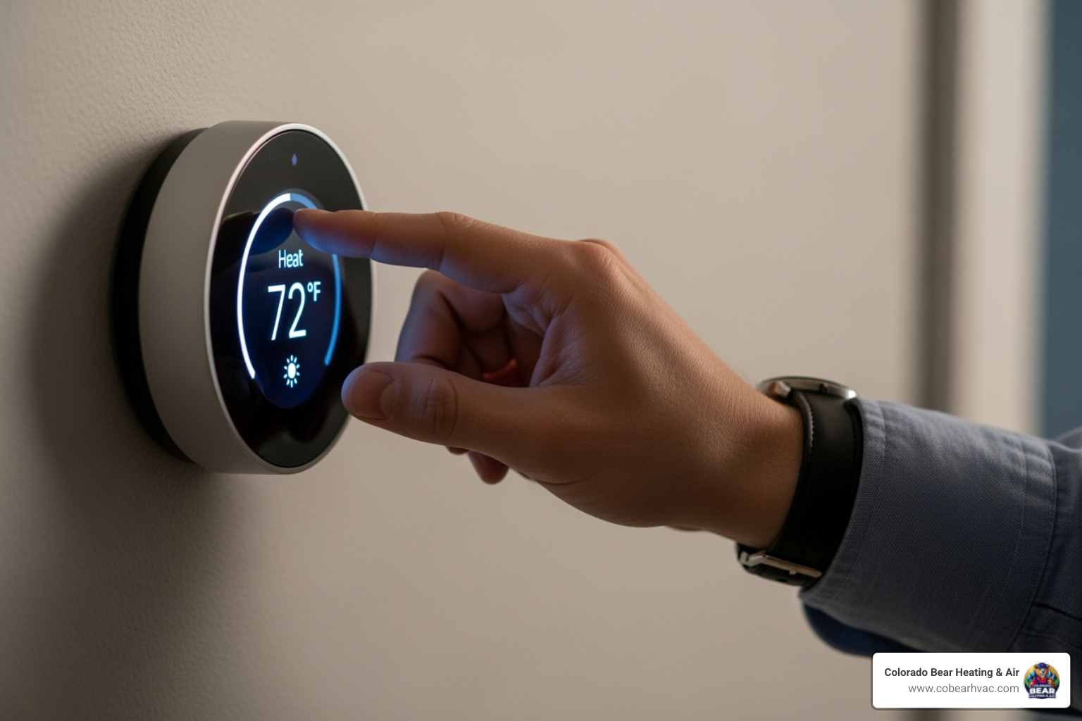 Homeowner adjusting a smart thermostat, showing a 'Heat' setting - heating blowing cold air in aurora, co Homeowner adjusting a smart thermostat, showing a 'Heat' setting - heating blowing cold air in aurora, co