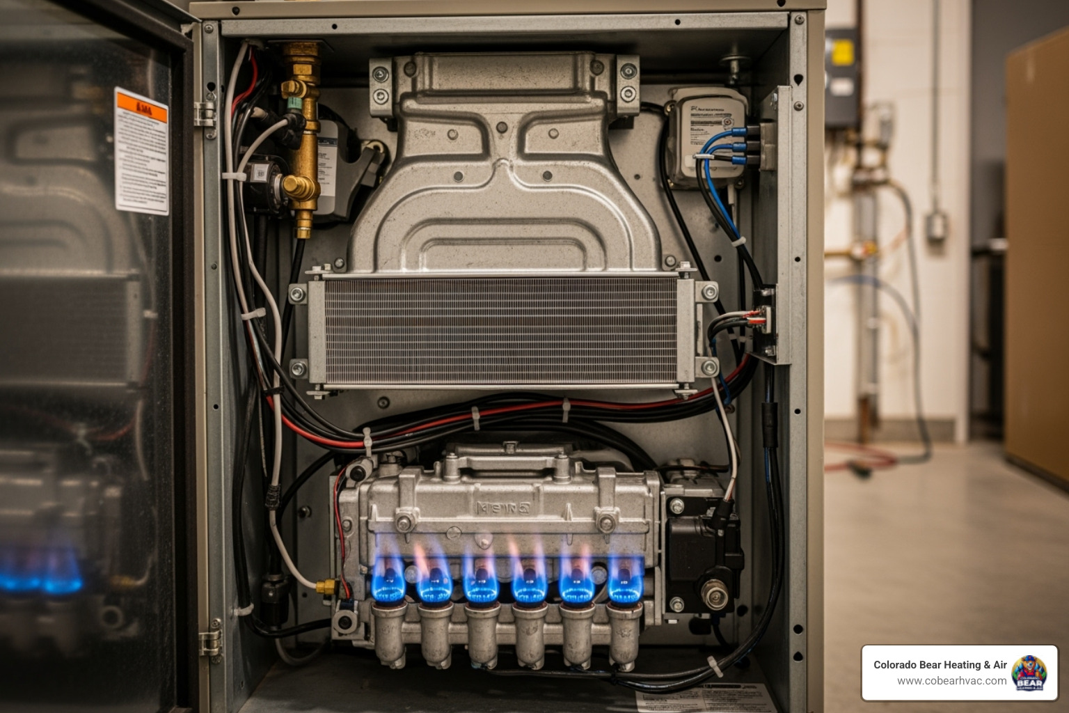 Open gas furnace with internal components visible, showing the burner assembly and heat exchanger - heating blowing cold air in aurora, co Open gas furnace with internal components visible, showing the burner assembly and heat exchanger - heating blowing cold air in aurora, co