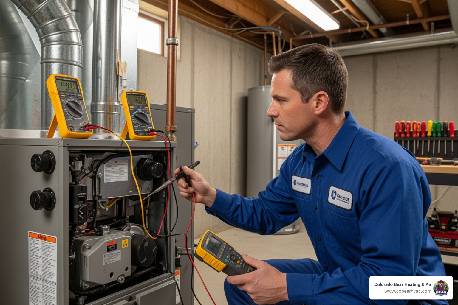 Professional HVAC technician diagnosing a furnace issue with specialized tools - heating blowing cold air in aurora, co Professional HVAC technician diagnosing a furnace issue with specialized tools - heating blowing cold air in aurora, co