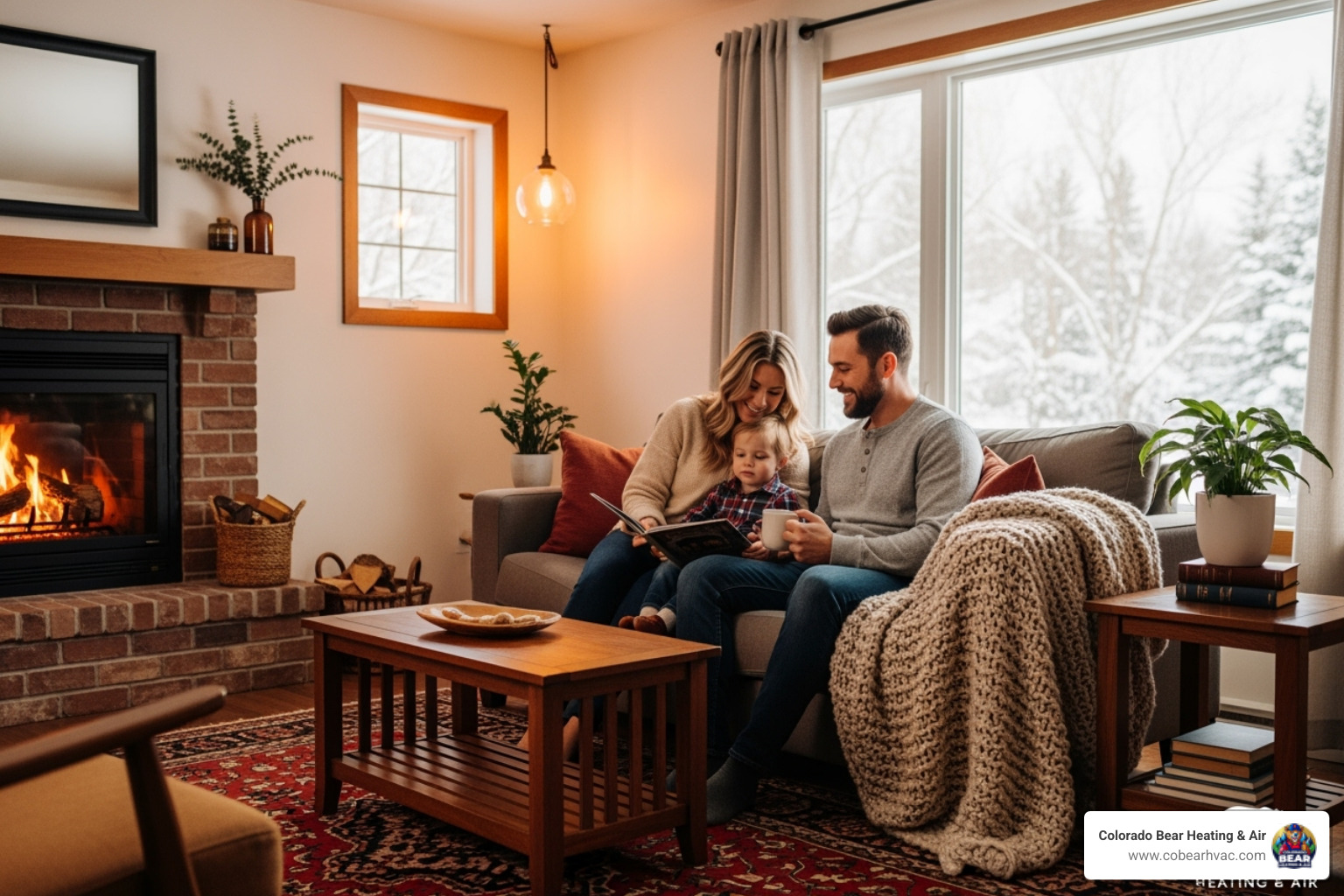 A happy family enjoying a warm, cozy living room in winter, with a subtle Colorado Bear Heating & Air logo in the corner - heating blowing cold air in aurora, co A happy family enjoying a warm, cozy living room in winter, with a subtle Colorado Bear Heating & Air logo in the corner - heating blowing cold air in aurora, co