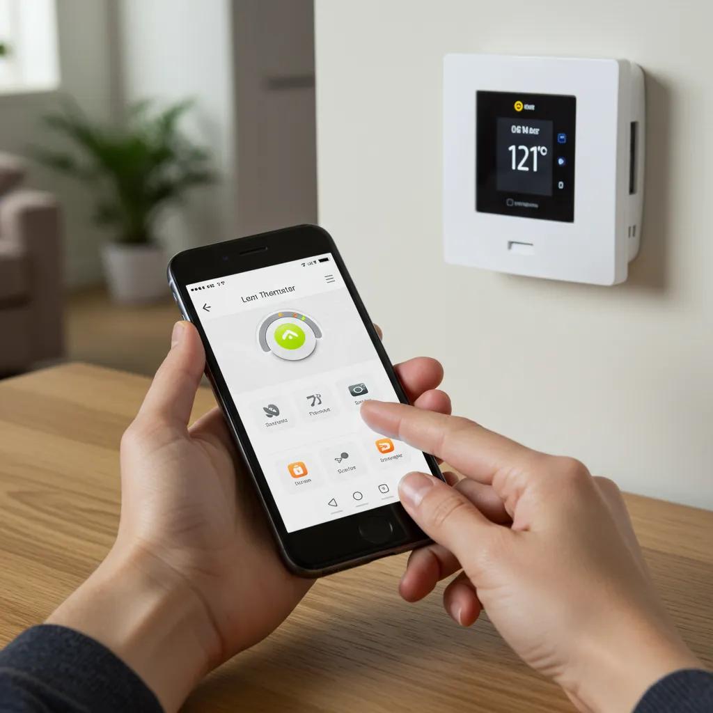 User controlling a smart thermostat via smartphone app, emphasizing convenience and modern technology