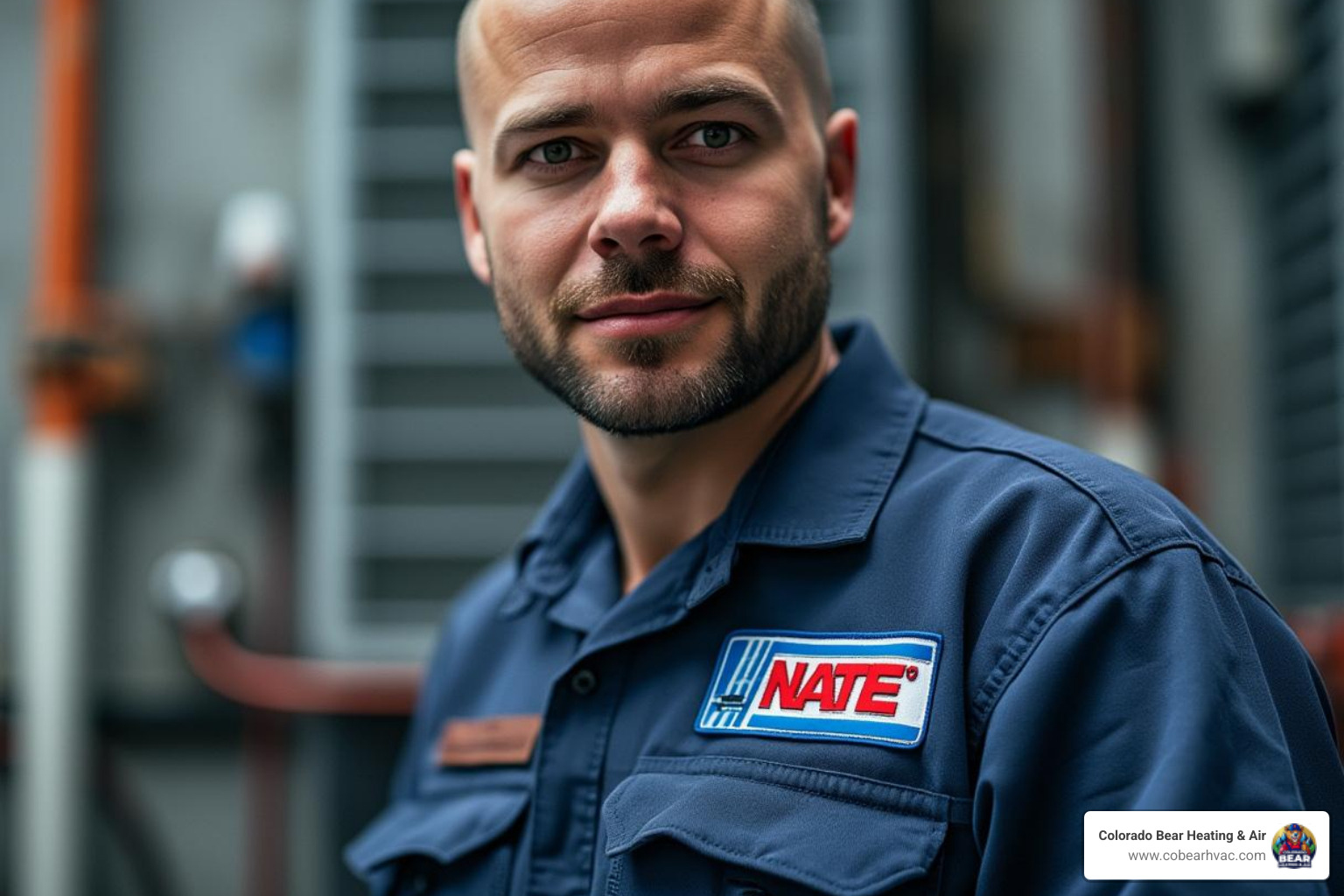 Image of a professional technician in uniform showing their NATE certification patch - certified ductless mini split technician in aurora, co Image of a professional technician in uniform showing their NATE certification patch - certified ductless mini split technician in aurora, co