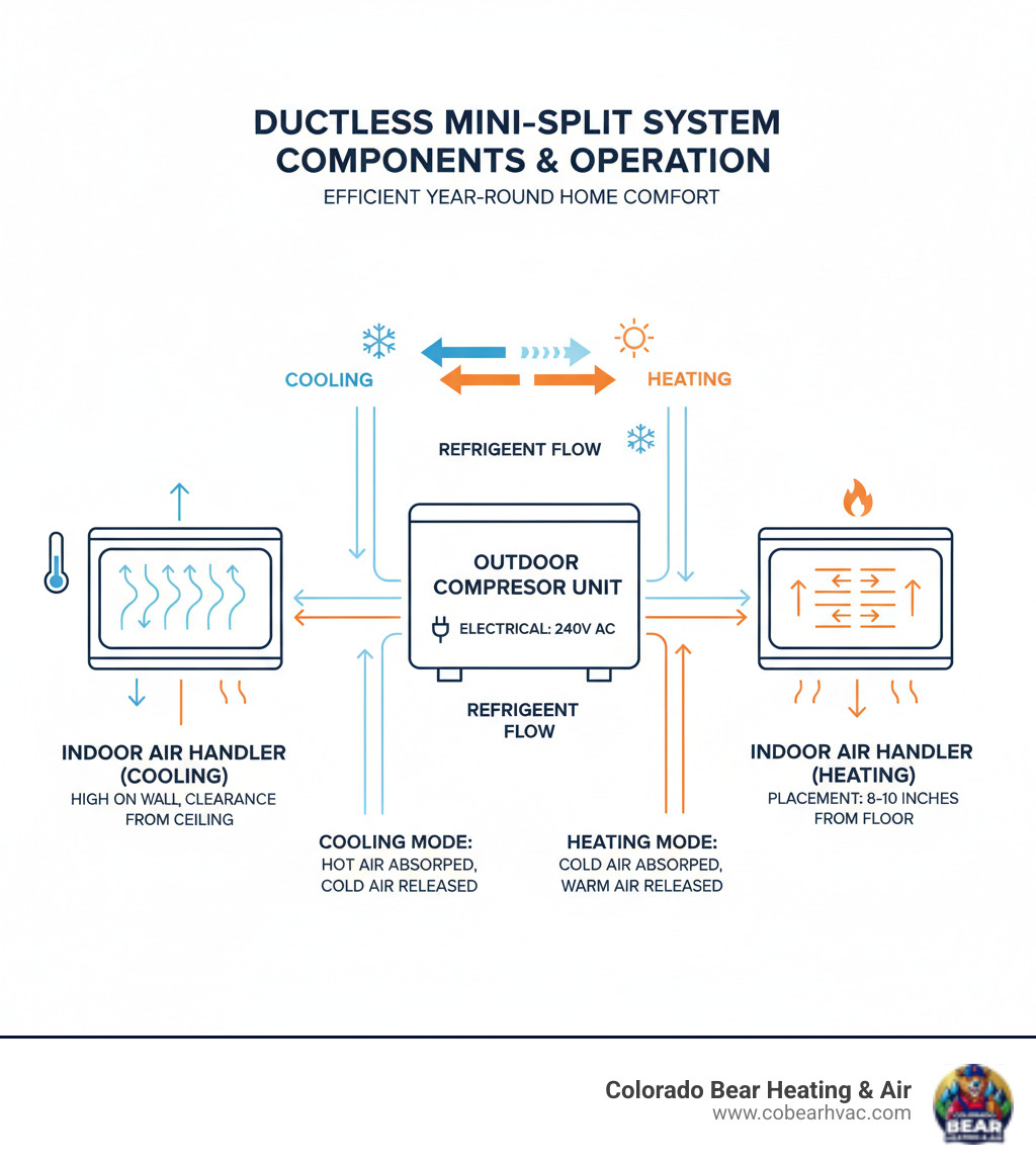 Infographic showing the components of a ductless mini-split system including an outdoor compressor unit connected via refrigerant lines to multiple indoor wall-mounted air handlers, with labels showing electrical requirements, proper placement considerations, and the flow of refrigerant for both heating and cooling modes - certified ductless mini split technician in aurora, co infographic  Infographic showing the components of a ductless mini-split system including an outdoor compressor unit connected via refrigerant lines to multiple indoor wall-mounted air handlers, with labels showing electrical requirements, proper placement considerations, and the flow of refrigerant for both heating and cooling modes - certified ductless mini split technician in aurora, co infographic