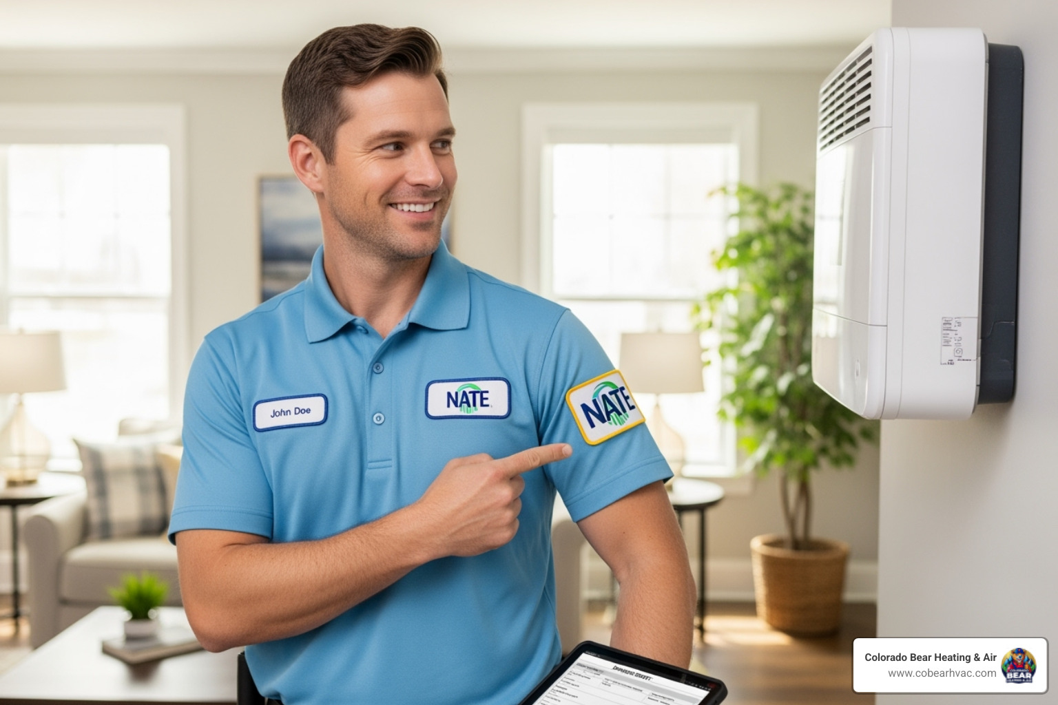 certified technician showing NATE patch - certified ductless mini split technician in castle pines, co certified technician showing NATE patch - certified ductless mini split technician in castle pines, co