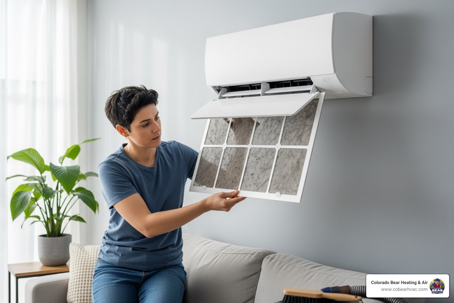 homeowner cleaning filter of indoor mini split unit - certified ductless mini split technician in castle pines, co homeowner cleaning filter of indoor mini split unit - certified ductless mini split technician in castle pines, co