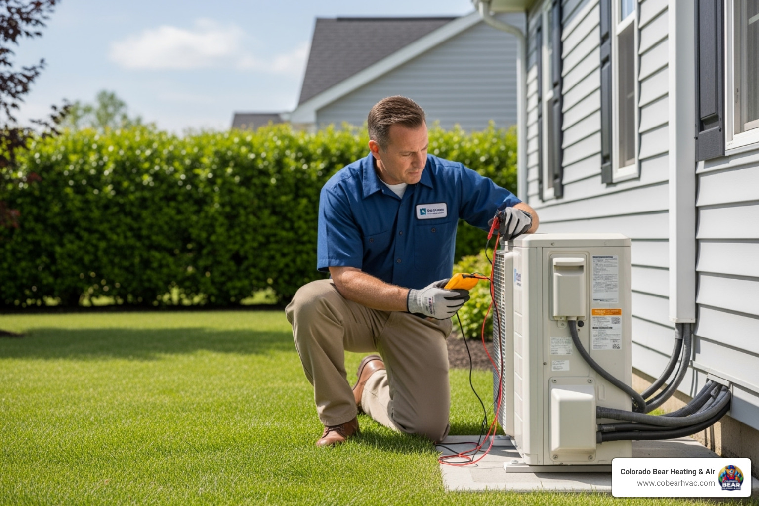 technician inspecting outdoor mini split unit - certified ductless mini split technician in castle pines, co technician inspecting outdoor mini split unit - certified ductless mini split technician in castle pines, co