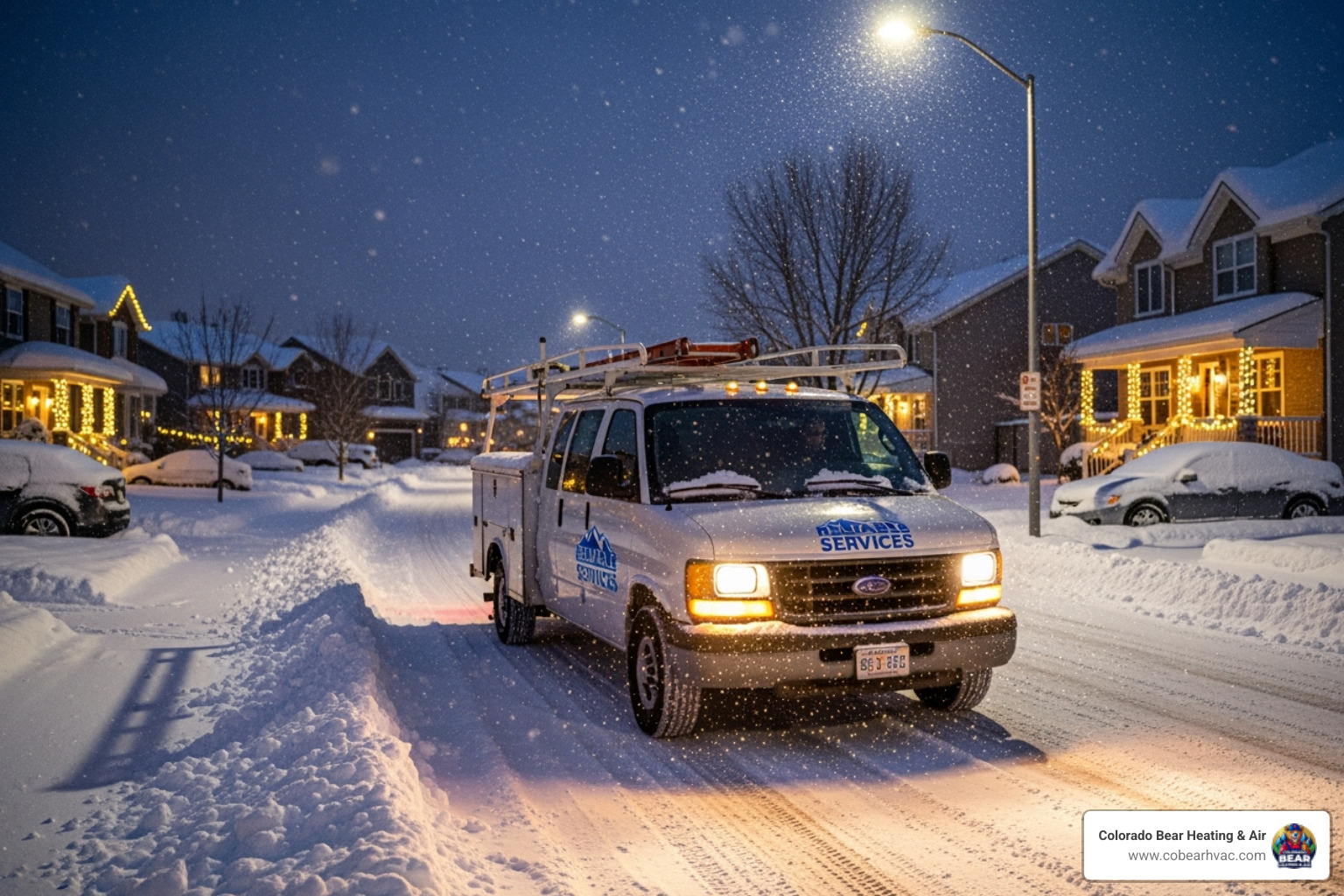 service van driving at night in a snowy Denver neighborhood - 24/7 heating repair in denver, co