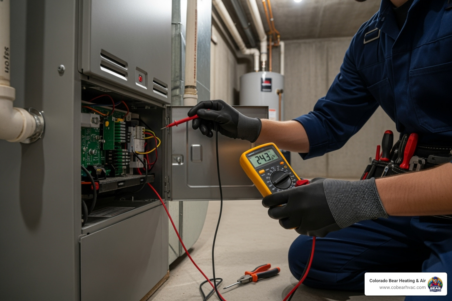 A technician diagnosing a furnace with a multimeter - certified heating technician in elizabeth, co