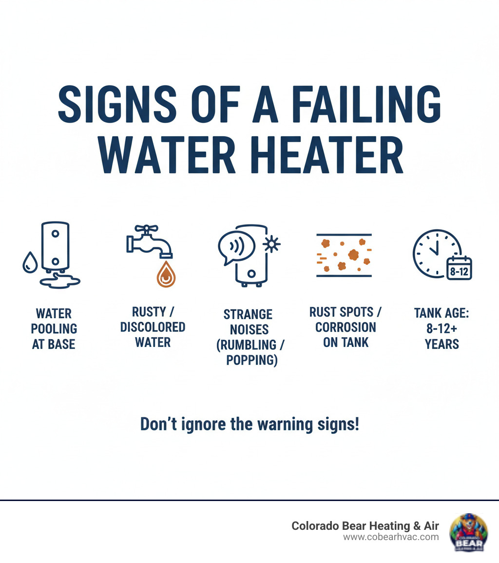 Infographic showing common signs of a failing water heater including water pooling at the base, rusty or discolored water coming from taps, strange rumbling or popping noises from the tank, visible rust spots or corrosion on the tank exterior, and a tank age over 8-12 years - repair hole in hot water tank infographic  Infographic showing common signs of a failing water heater including water pooling at the base, rusty or discolored water coming from taps, strange rumbling or popping noises from the tank, visible rust spots or corrosion on the tank exterior, and a tank age over 8-12 years - repair hole in hot water tank infographic
