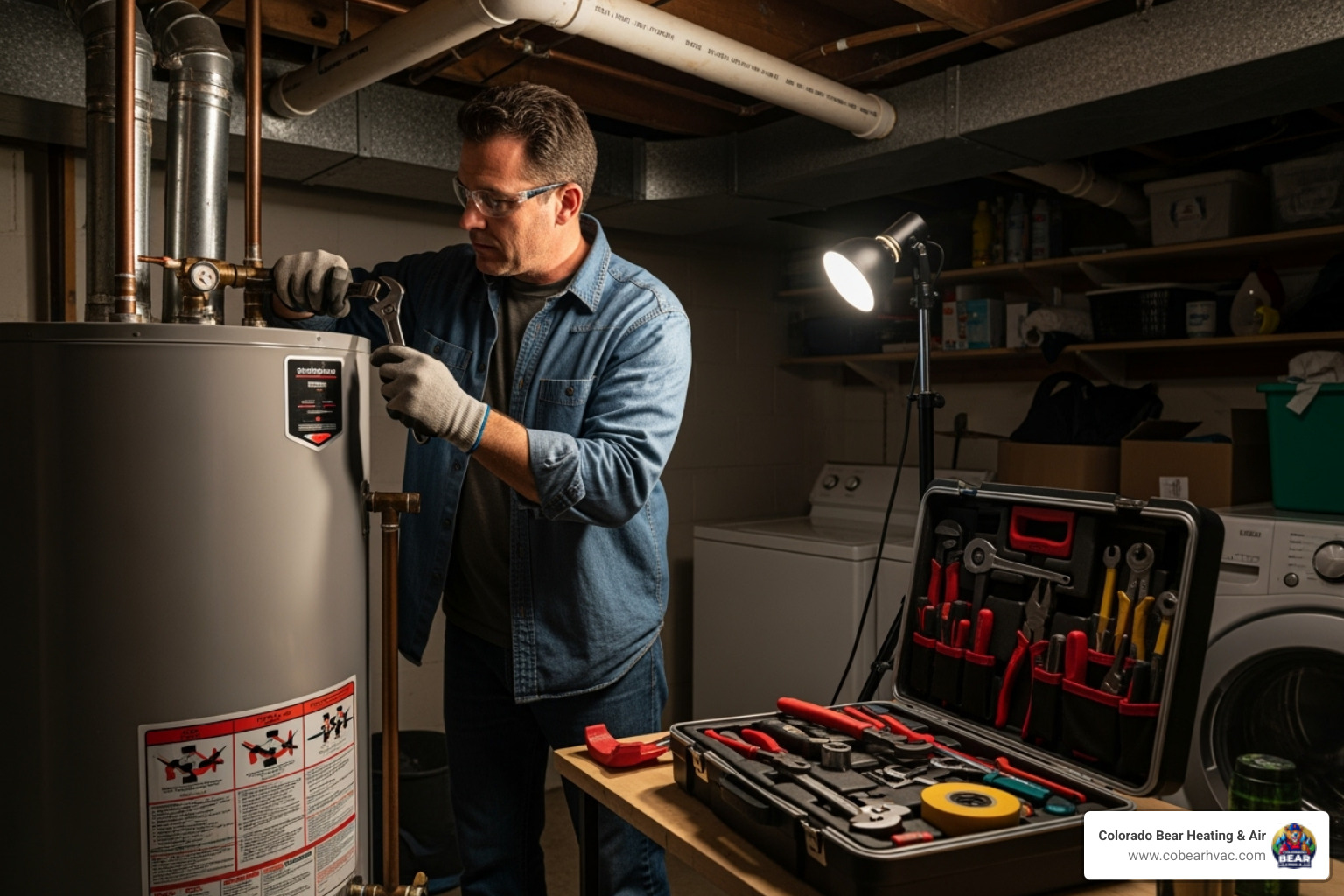 person inspecting water heater - repair hole in hot water tank person inspecting water heater - repair hole in hot water tank