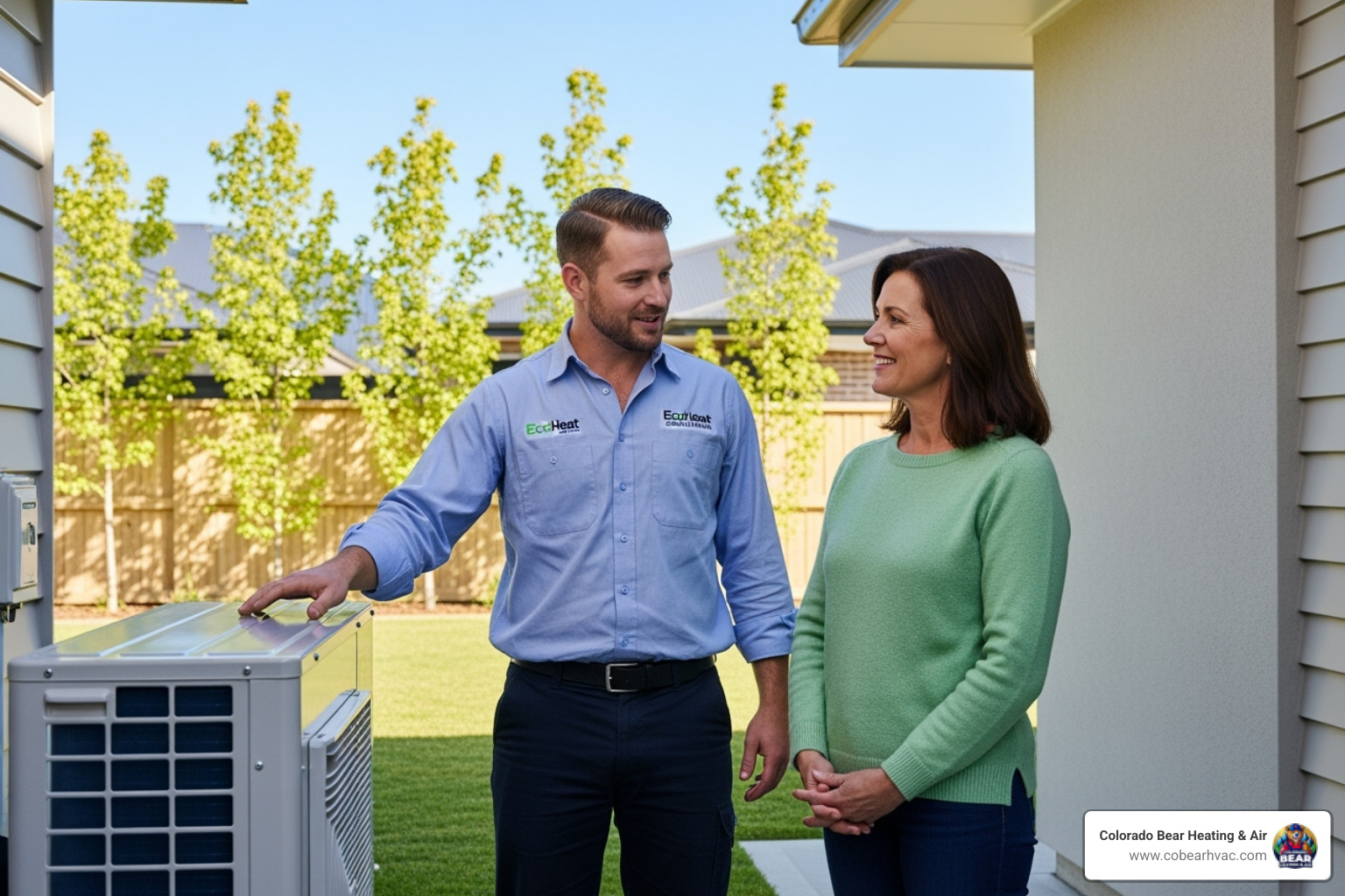 homeowner talking with a friendly heat pump technician - certified heat pump technician in denver, co homeowner talking with a friendly heat pump technician - certified heat pump technician in denver, co