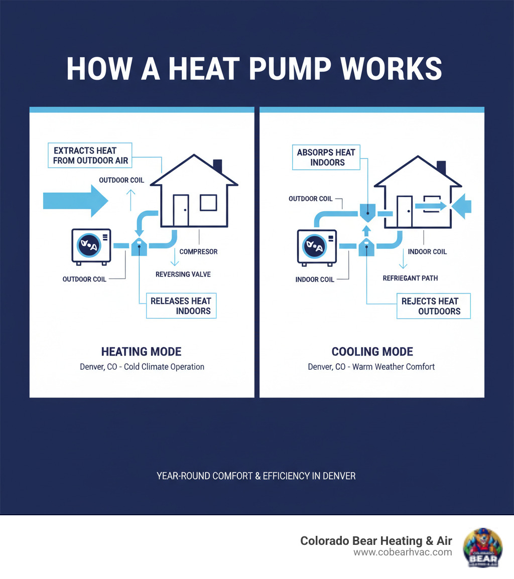 infographic showing heat pump operation in heating mode extracting heat from outdoor air and transferring it indoors, and cooling mode reversing the process to move heat outside, with labels for key components like compressor, refrigerant, indoor coil, outdoor coil, and reversing valve - certified heat pump technician in denver, co infographic infographic showing heat pump operation in heating mode extracting heat from outdoor air and transferring it indoors, and cooling mode reversing the process to move heat outside, with labels for key components like compressor, refrigerant, indoor coil, outdoor coil, and reversing valve - certified heat pump technician in denver, co infographic