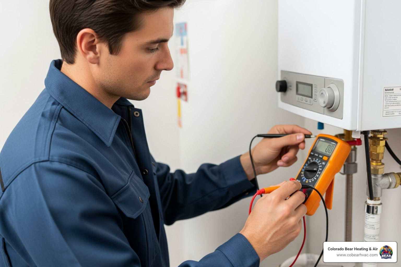 uniformed technician professionally diagnosing a water heater with a multimeter - residential water heater repair in roxborough park, co
