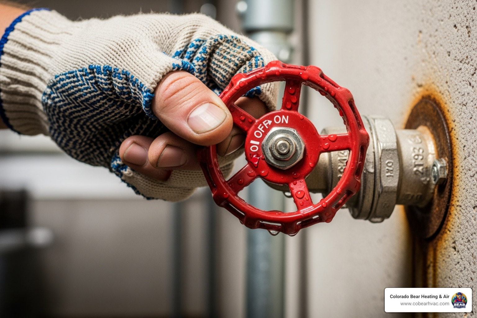a hand turning a red water shut-off valve - 24 hour water heater service in lone tree, co