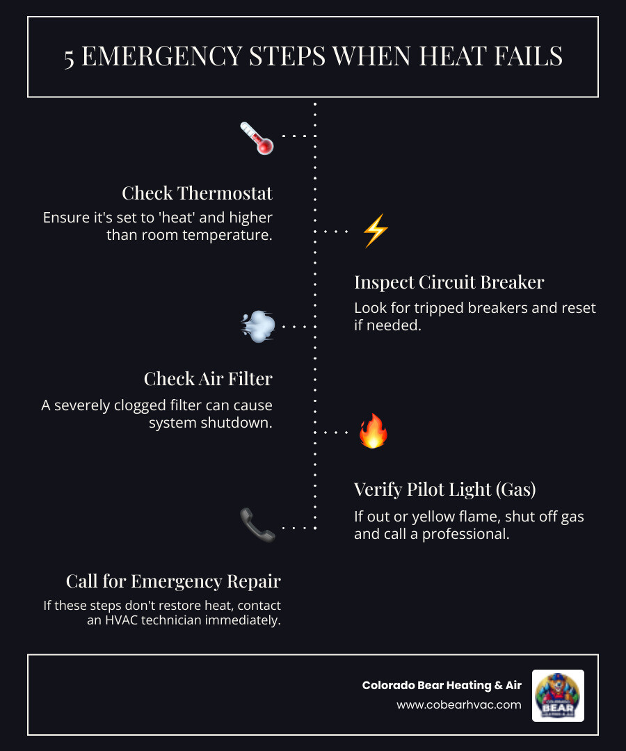 infographic showing 5 emergency steps when heat fails: 1. Check thermostat settings and batteries, 2. Verify circuit breaker hasn't tripped, 3. Inspect and replace dirty air filter, 4. Check pilot light color and stability on gas furnaces, 5. Call licensed HVAC professional for emergency repair - emergency heating repair in ken caryl, co infographic infographic-line-5-steps-dark